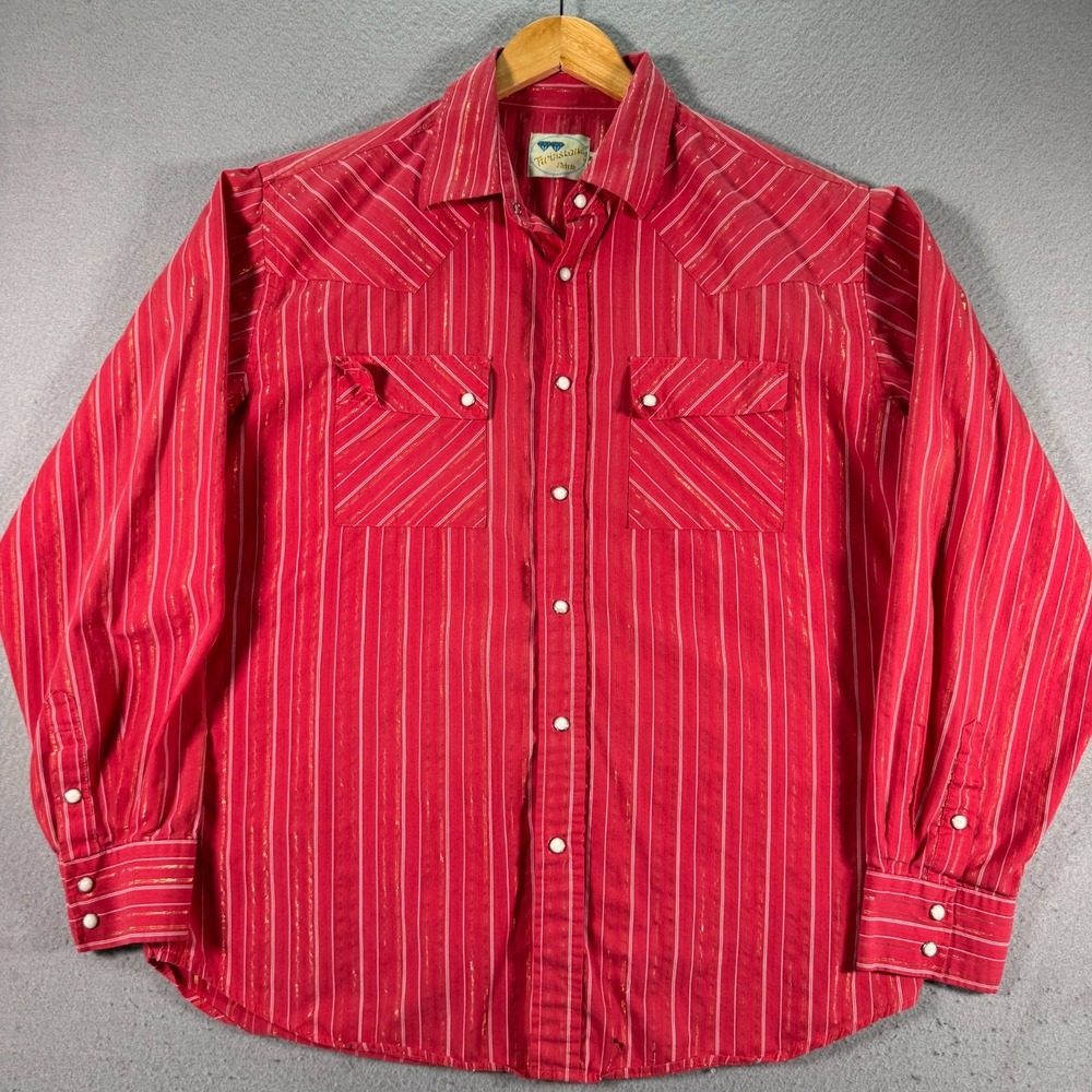 Vintage‎ Twinstone Pearl Snap Top Womens 2XL Red Stripes Flap Pocket Western